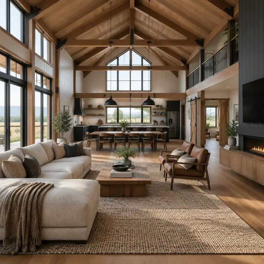 Open plan modern barn house living dining and kitchen area