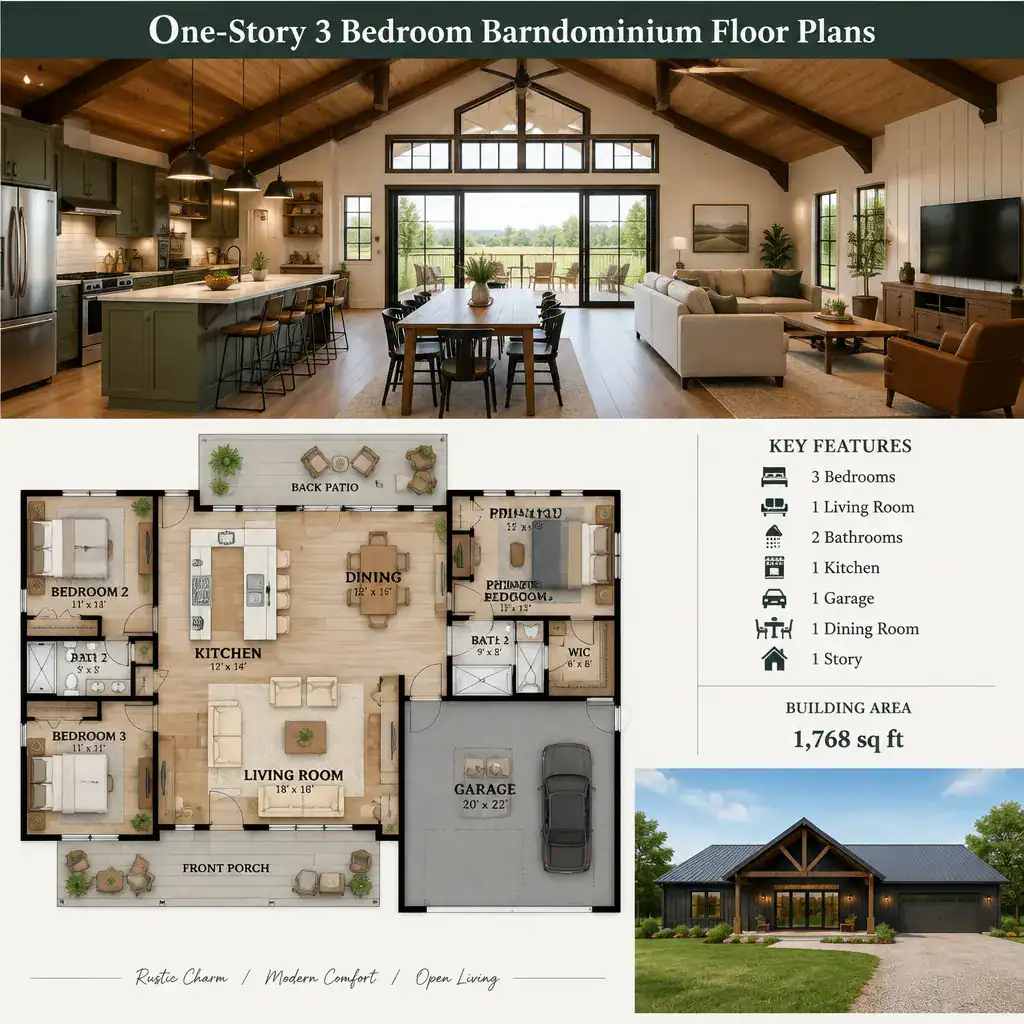 Open kitchen dining and living area in a one-story barndominium