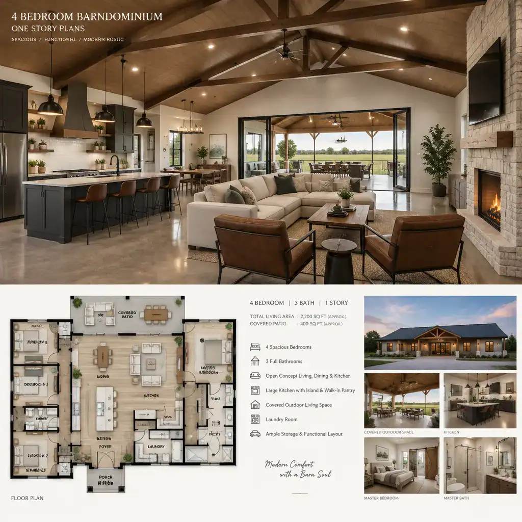 Open living kitchen dining area in a one-story barndominium