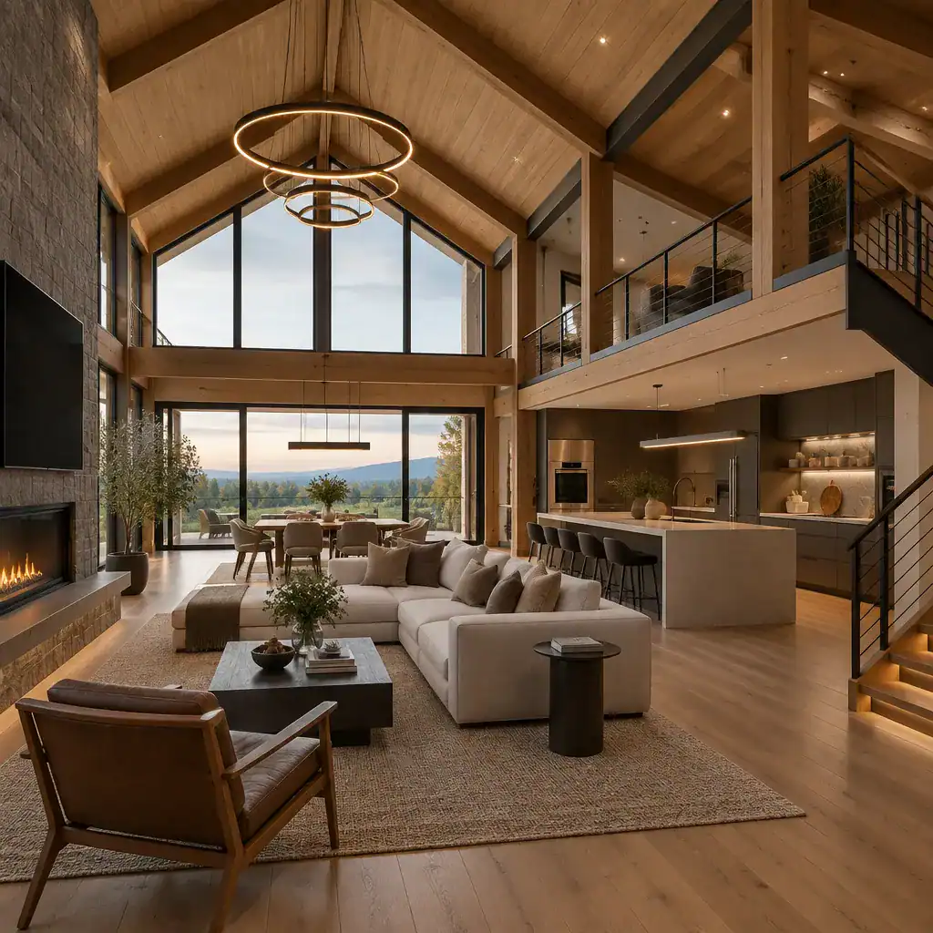 Open-plan luxury modern barn house living room and kitchen