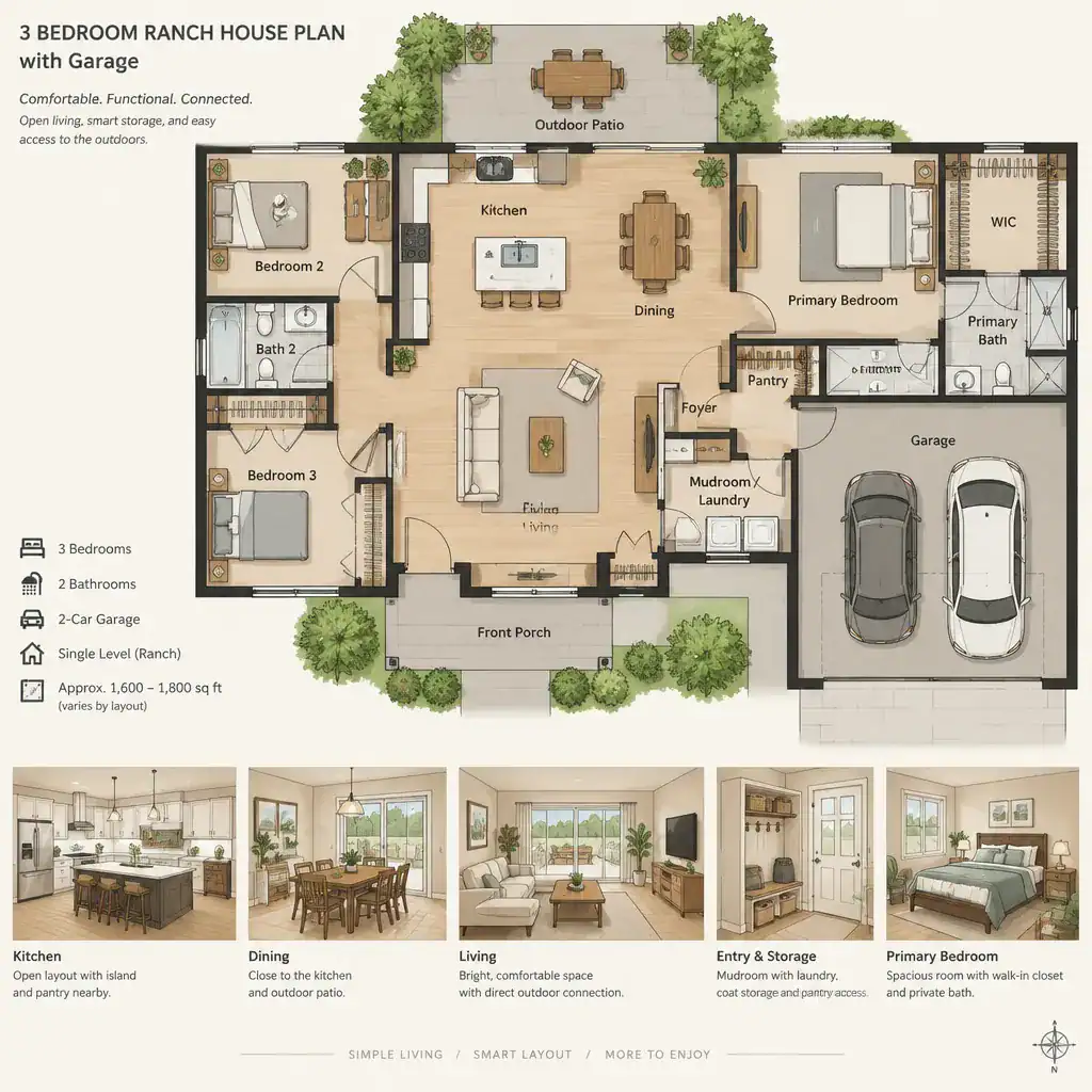 Open shared living area and storage planning for a ranch house