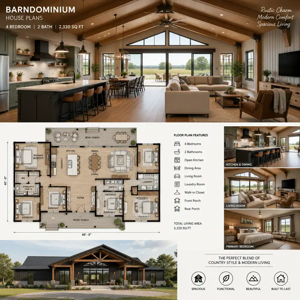 Open shared living area in a four-bedroom barndominium plan