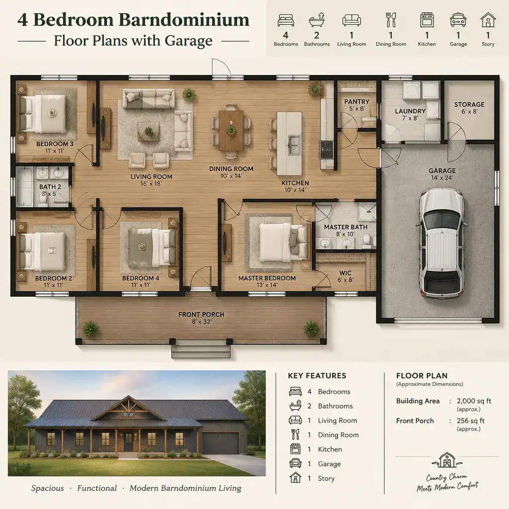 Open shared living core in a four-bedroom barndominium plan