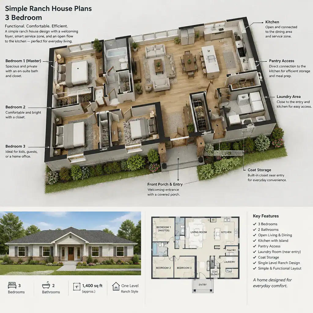 Organized entry and service spaces in a ranch house