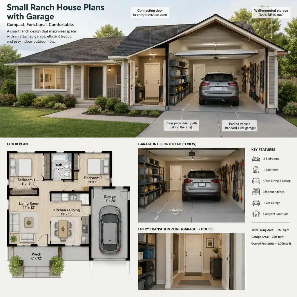 Organized garage storage in a small ranch house plan