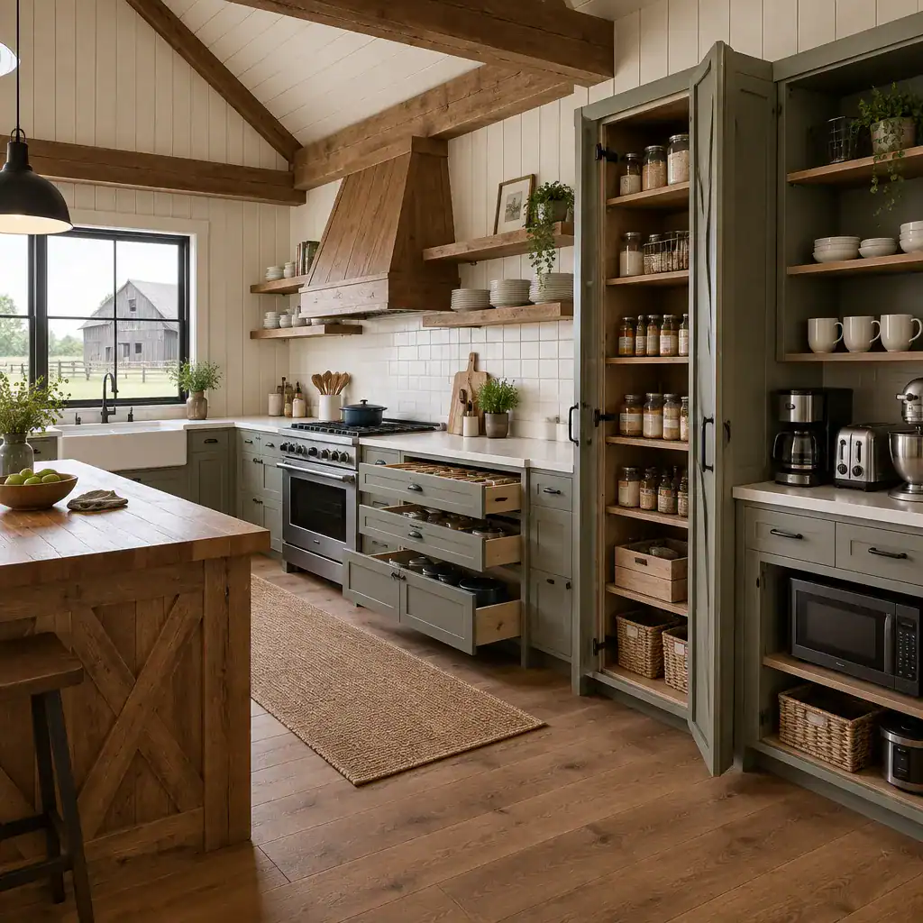 Organized storage in a traditional barn house farmhouse kitchen