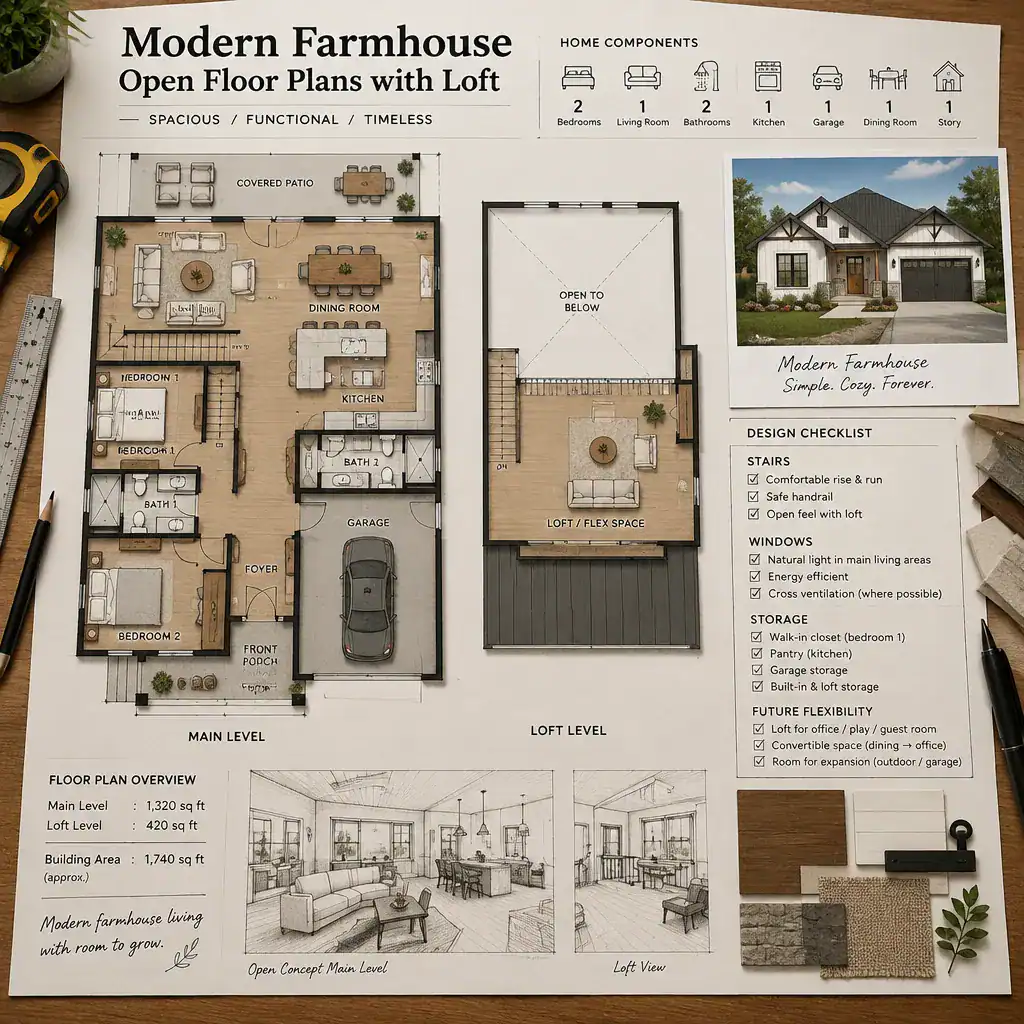 Planning a modern farmhouse open floor plan with loft
