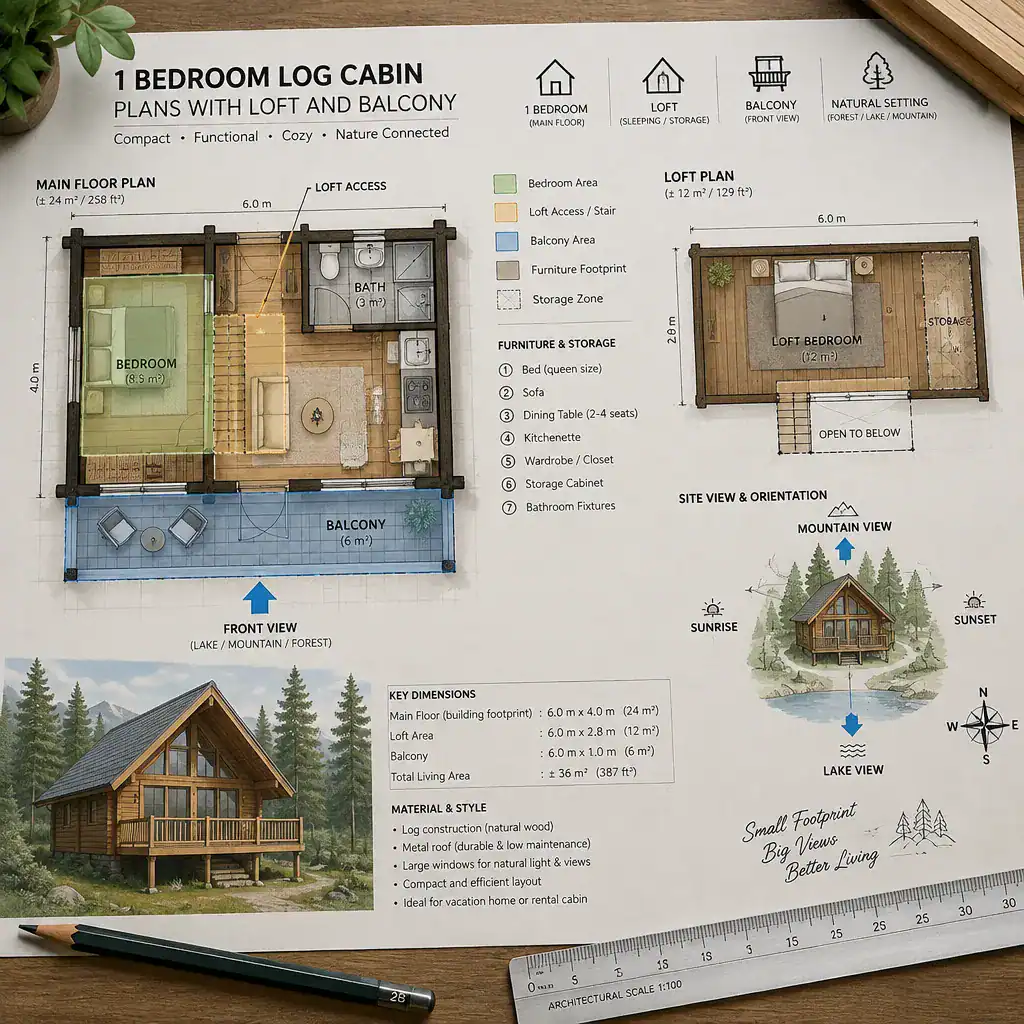 Planning a one-bedroom cabin floor plan with balcony
