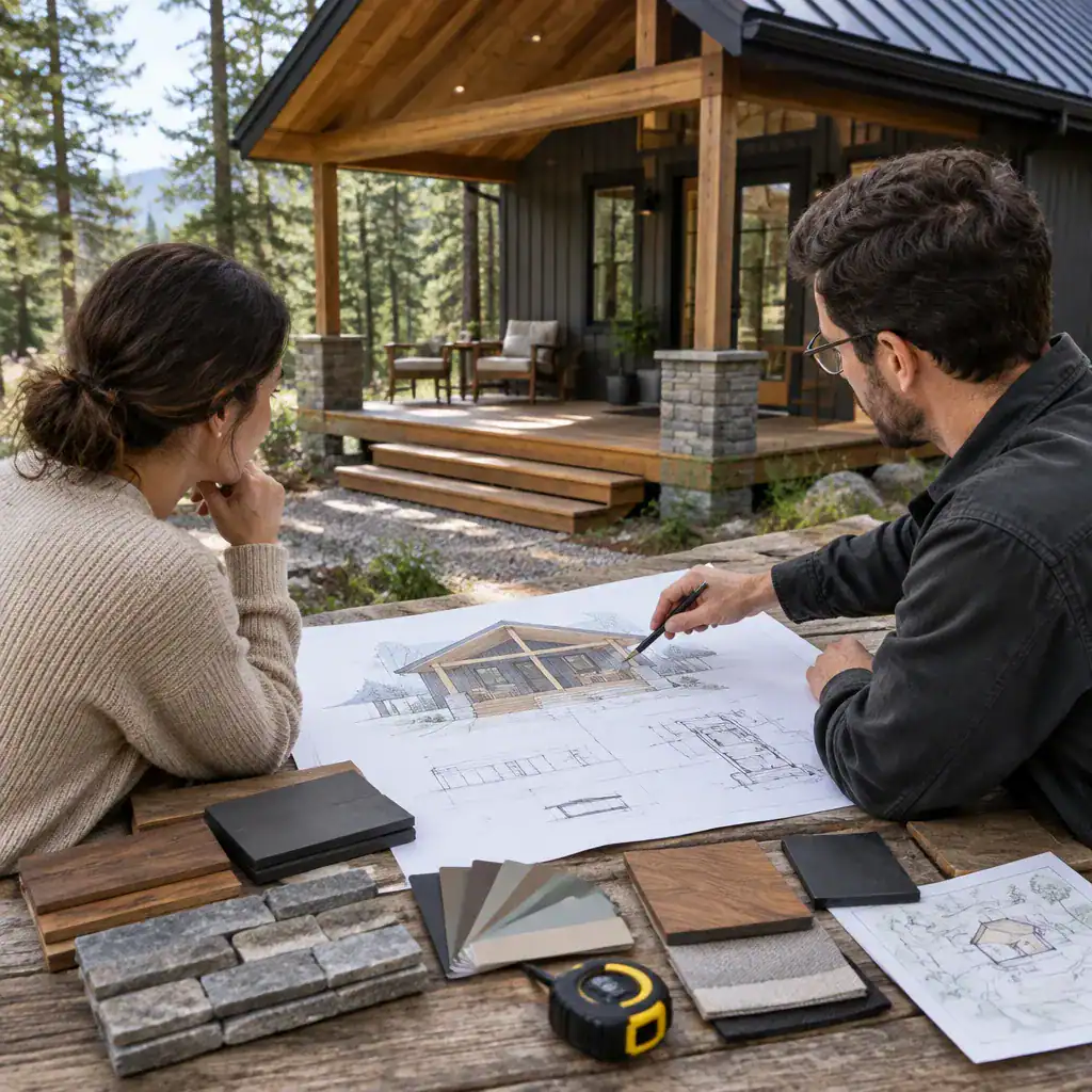 Planning Checklist And Material Samples For A Modern Cabin Porch