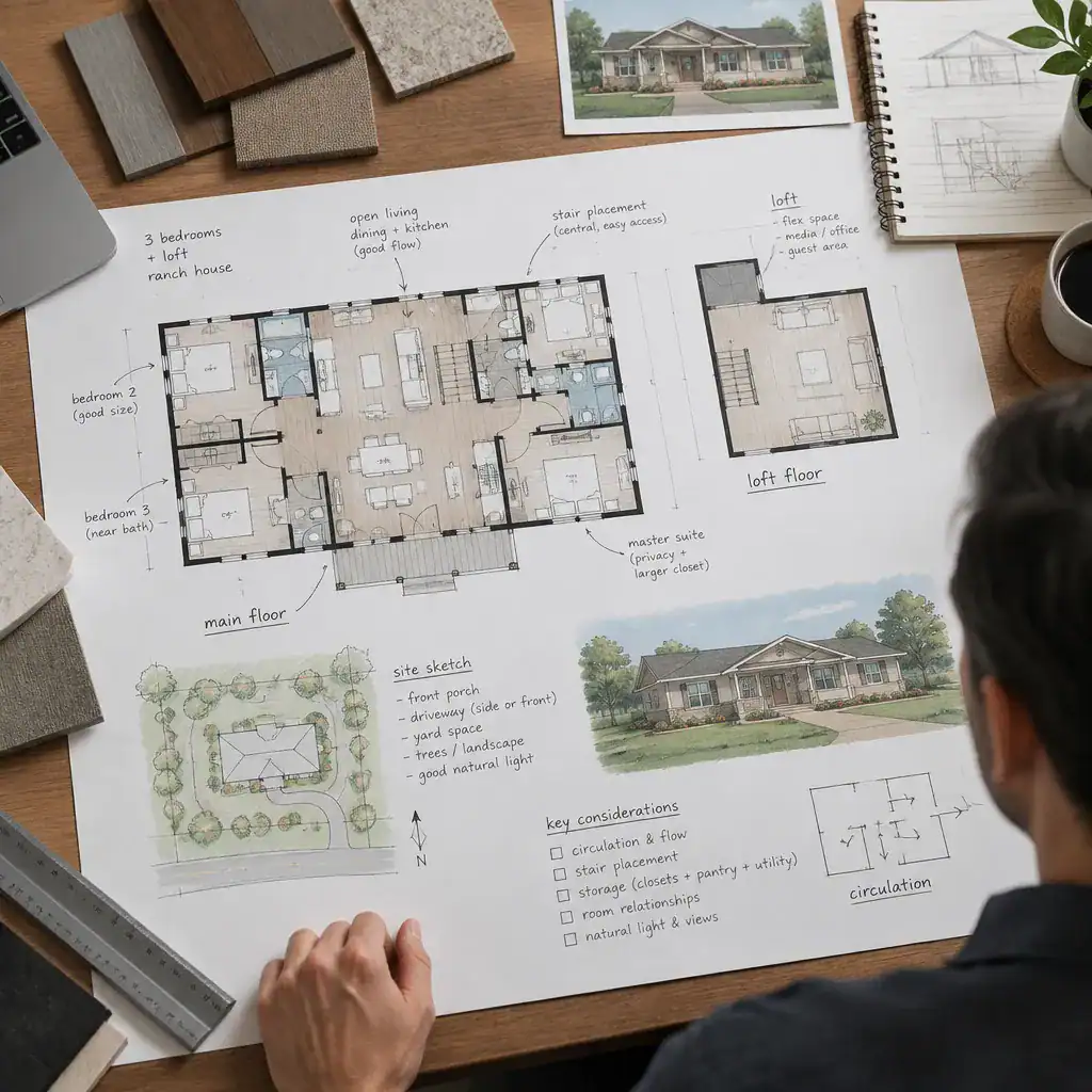 Planning checklist for a three-bedroom ranch house with loft