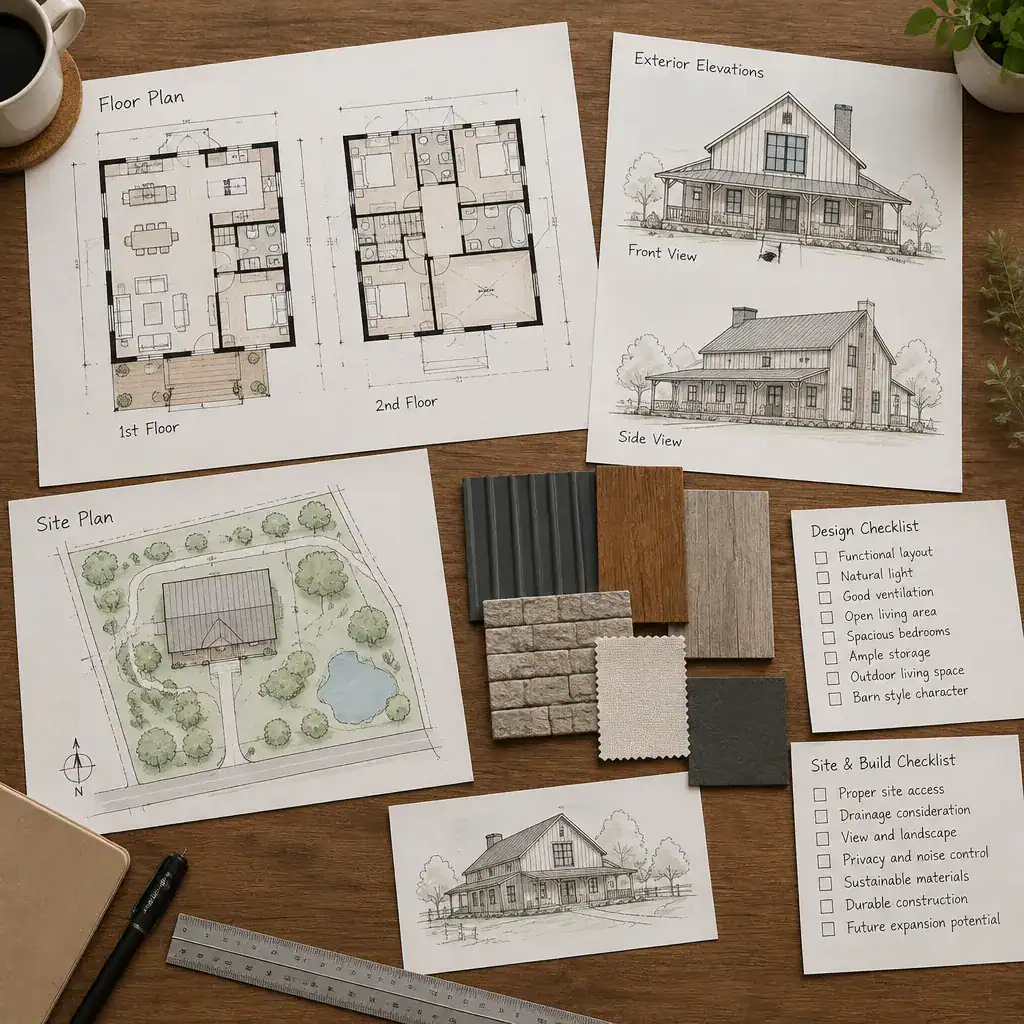 Planning documents and material samples for a two-story barn house