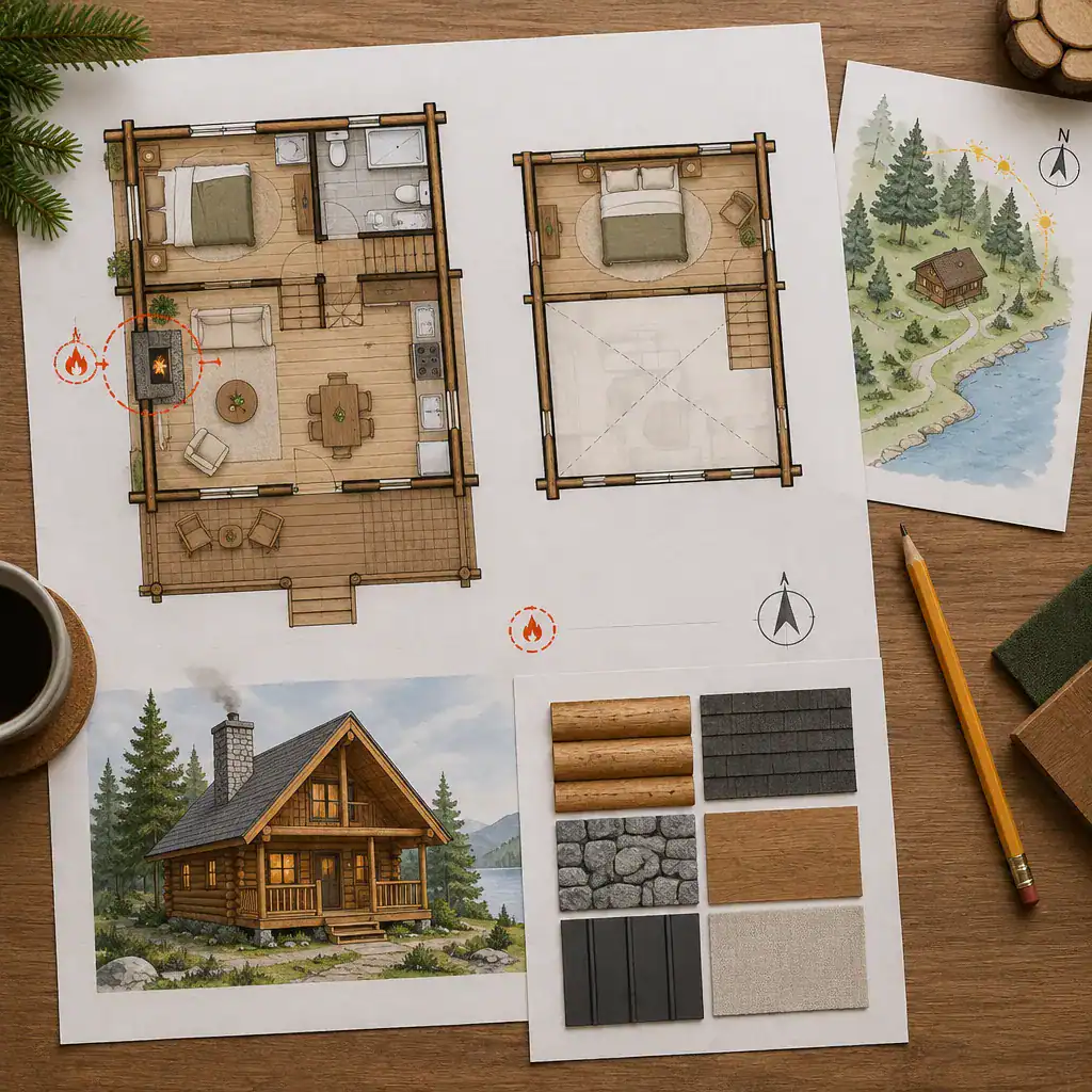 Planning documents for a one-bedroom log cabin