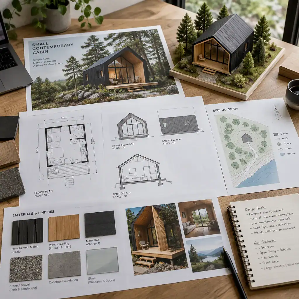Planning Drawings And Material Samples For A Small Contemporary Cabin