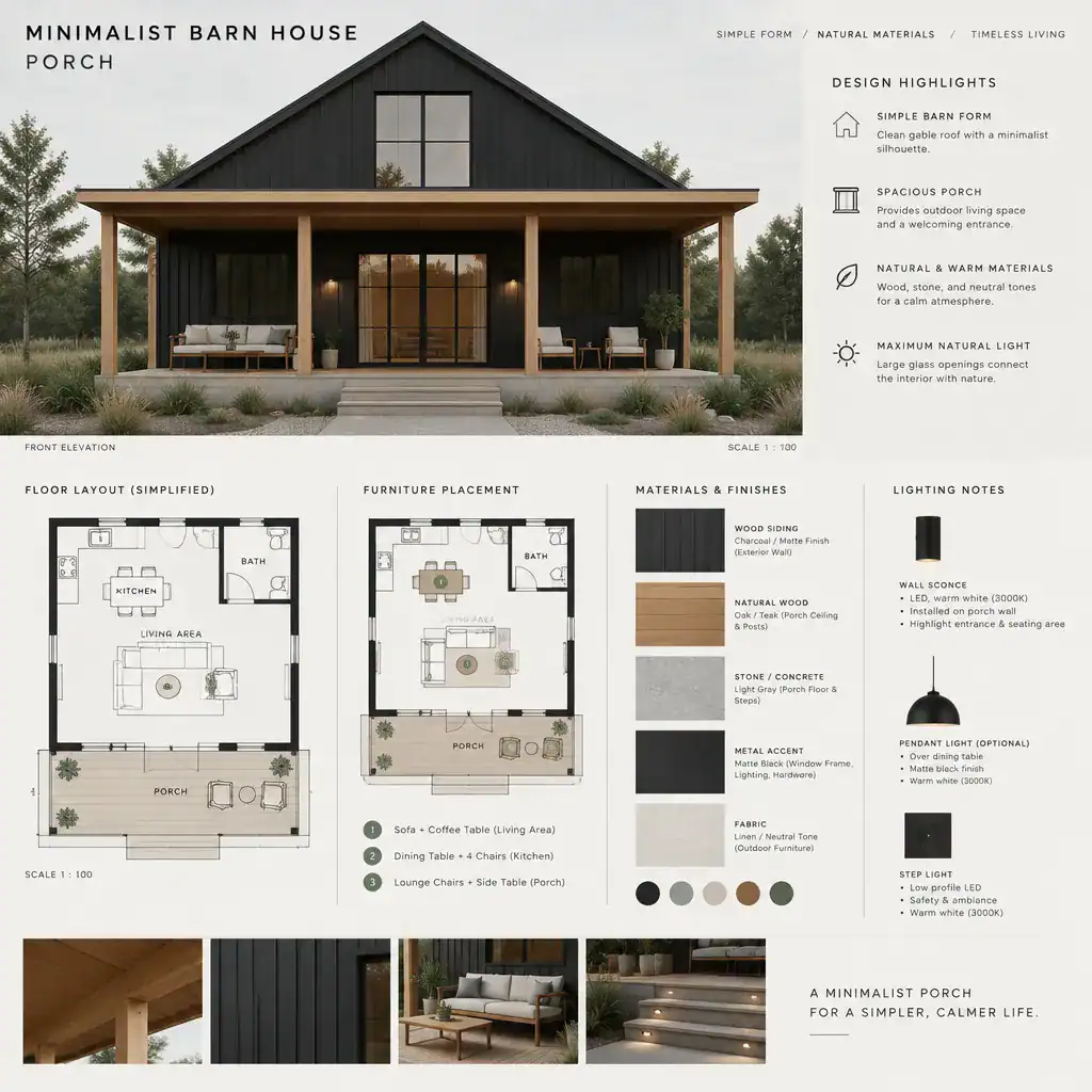 Planning checklist and material board for a minimalist barn house porch