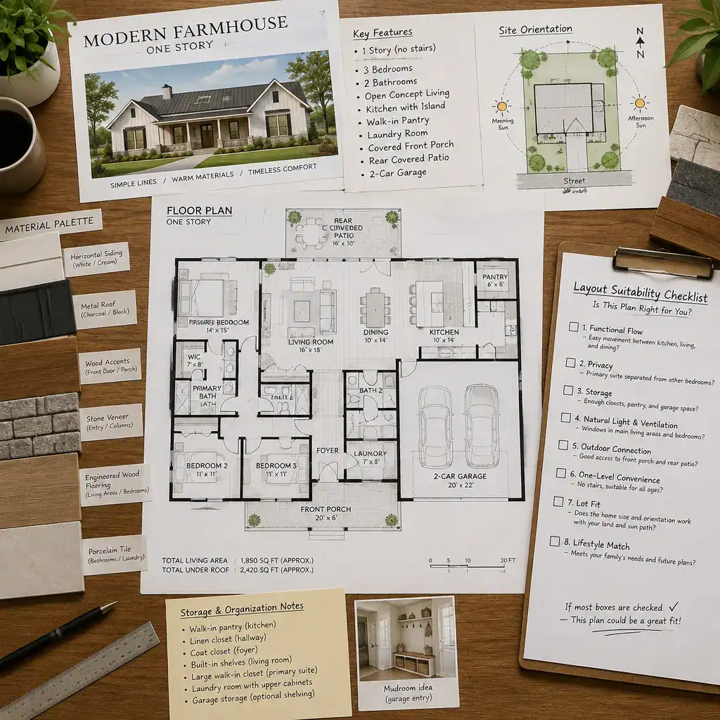 Planning checklist and site analysis materials for selecting a one-story farmhouse plan