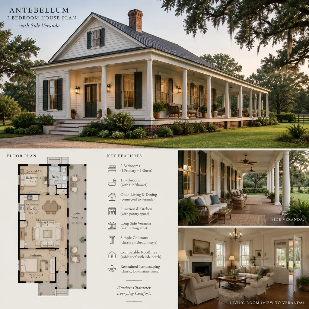 Plantation-inspired two-bedroom house with a long side veranda
