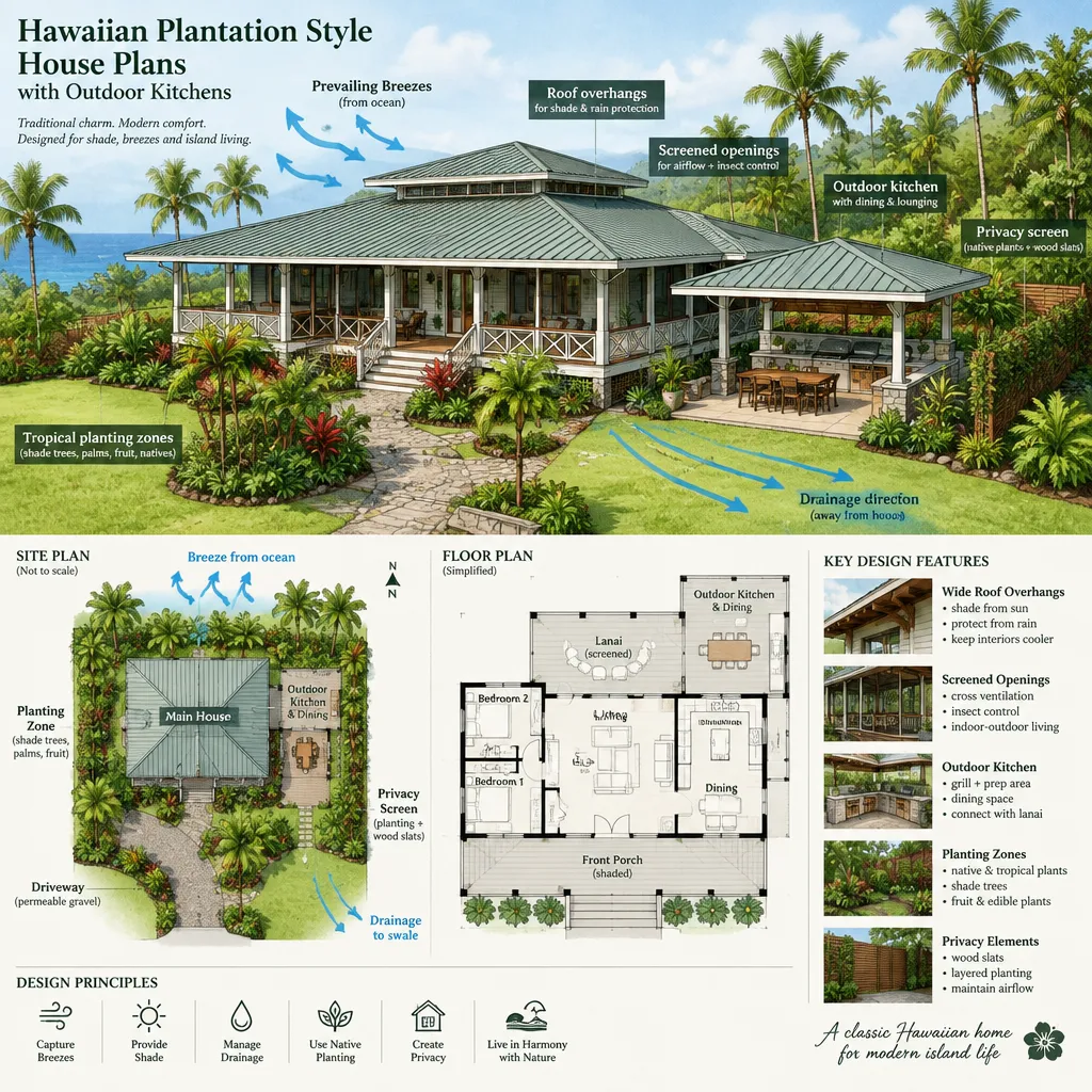 Plantation style house site plan with shaded outdoor kitchen and tropical landscaping