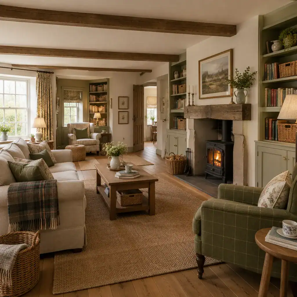 Practical English cottage living room layout with storage