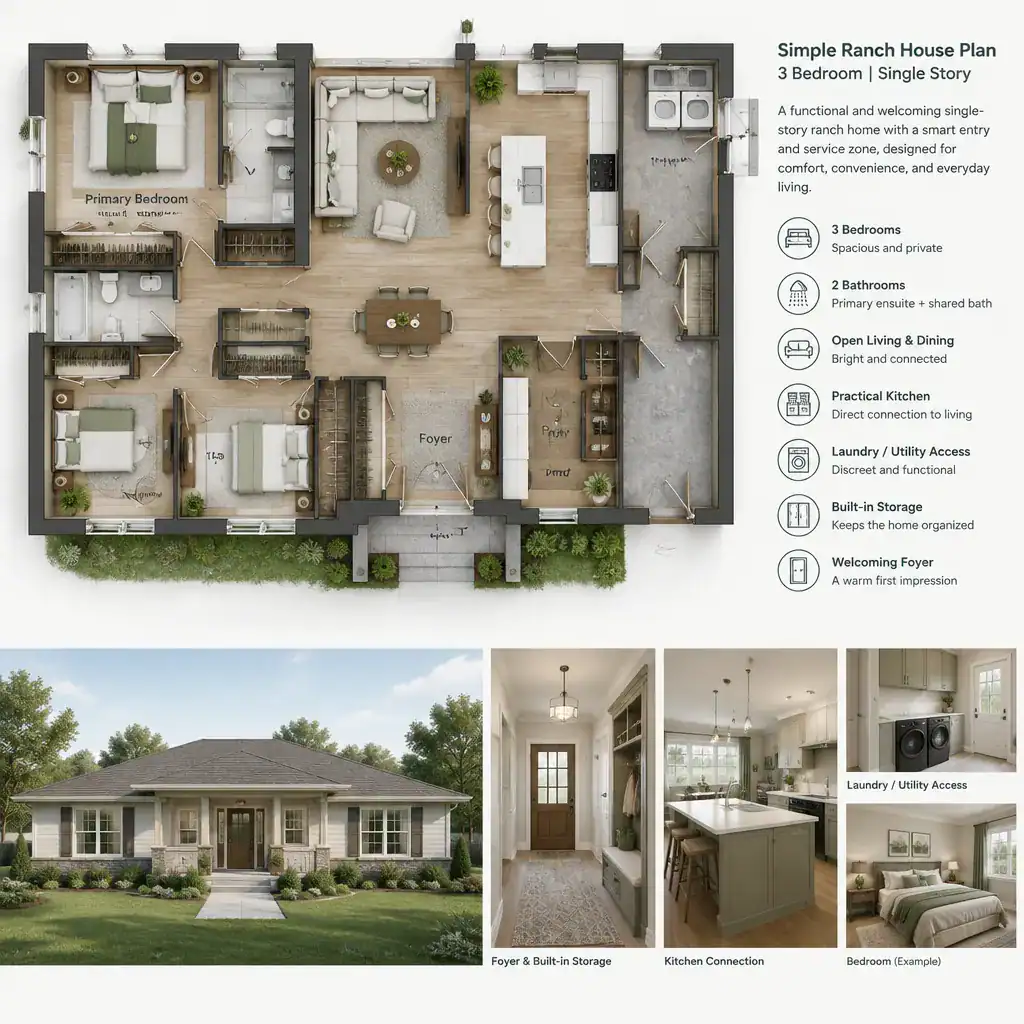Practical entry and storage zone in a ranch house plan