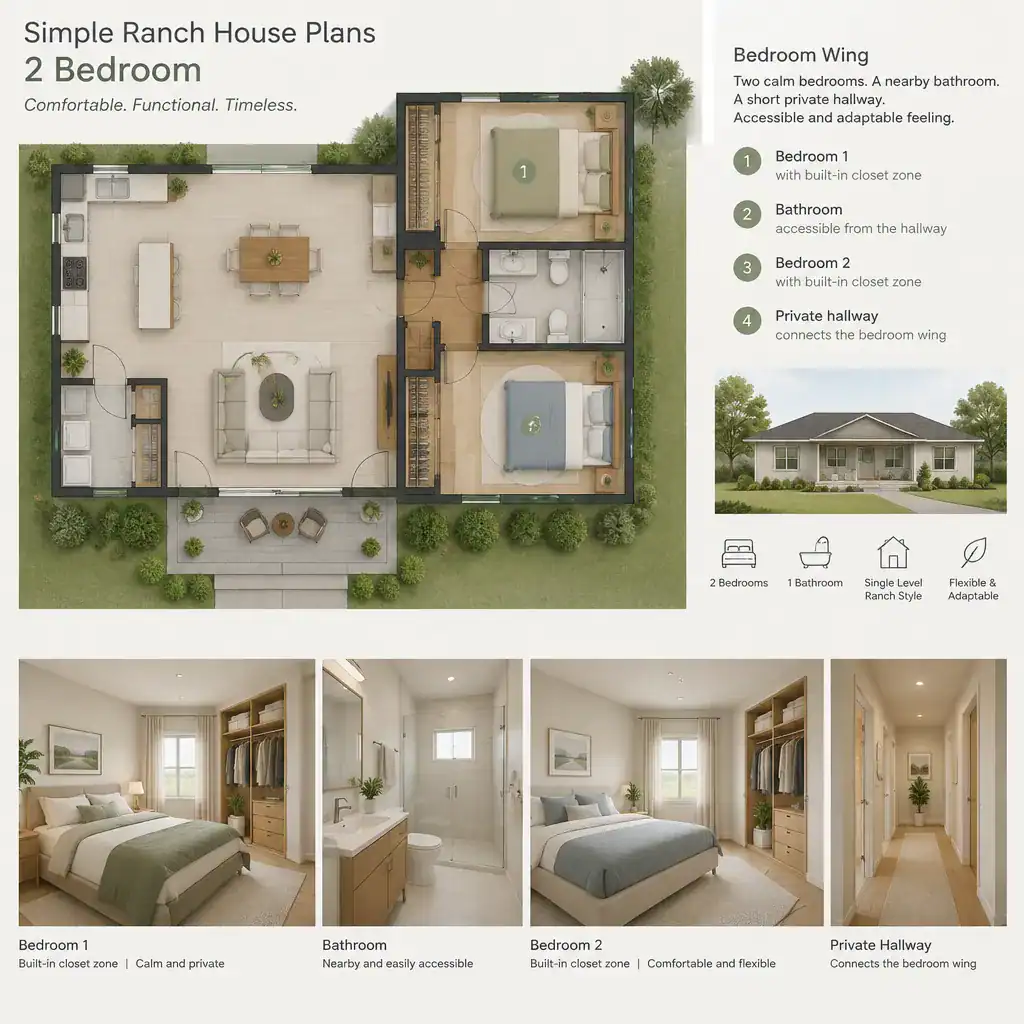 Private bedroom zone with storage in a two-bedroom ranch house