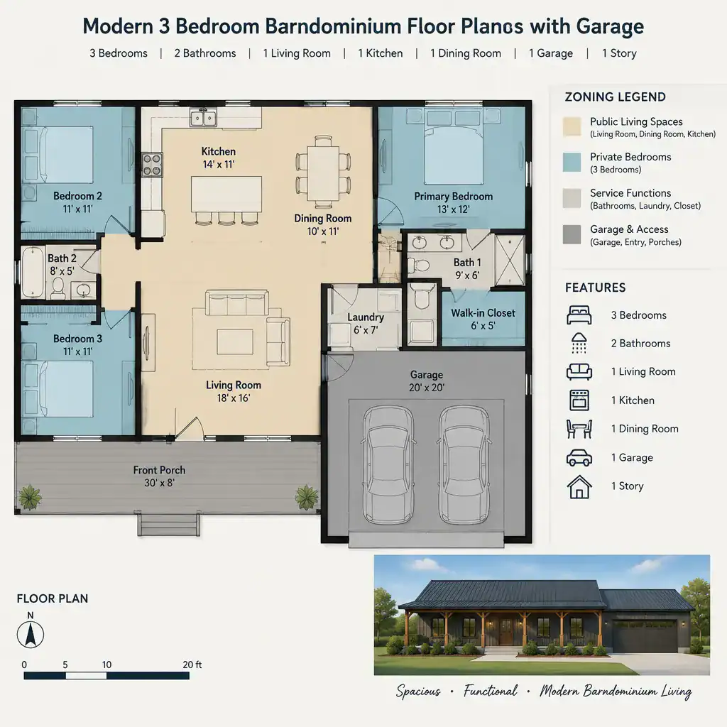 Public and private zoning diagram for a three-bedroom barndominium
