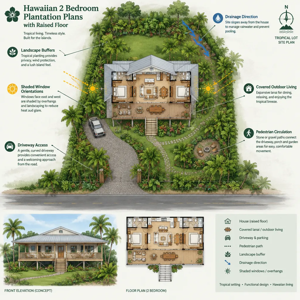 Raised Hawaiian plantation house site plan with tropical landscaping
