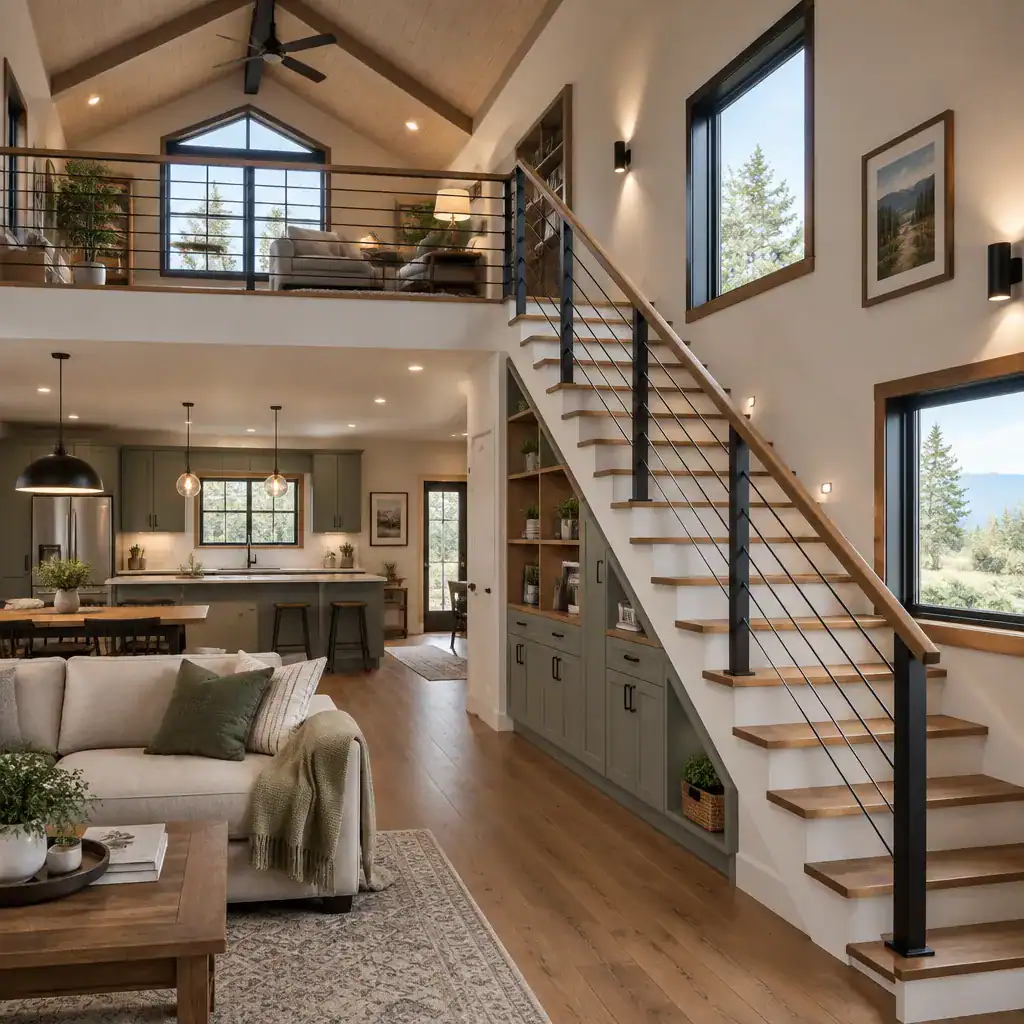 Ranch house loft staircase and lighting