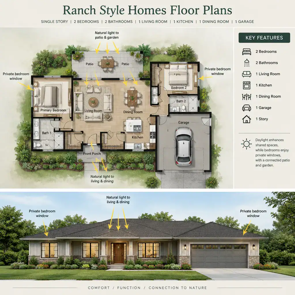 Ranch floor plan with natural light and indoor-outdoor living connections