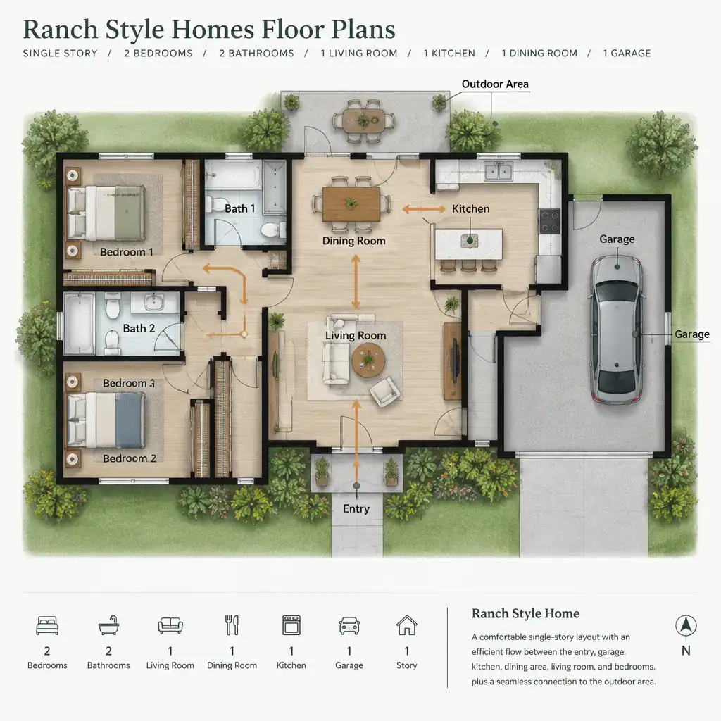 Ranch house floor plan showing practical everyday circulation paths