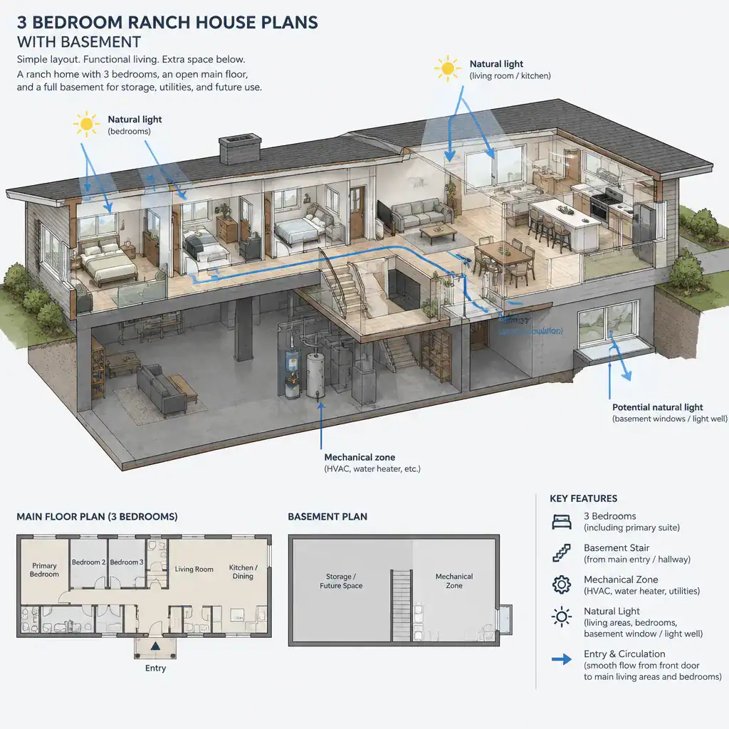 Ranch house main floor and basement circulation connection