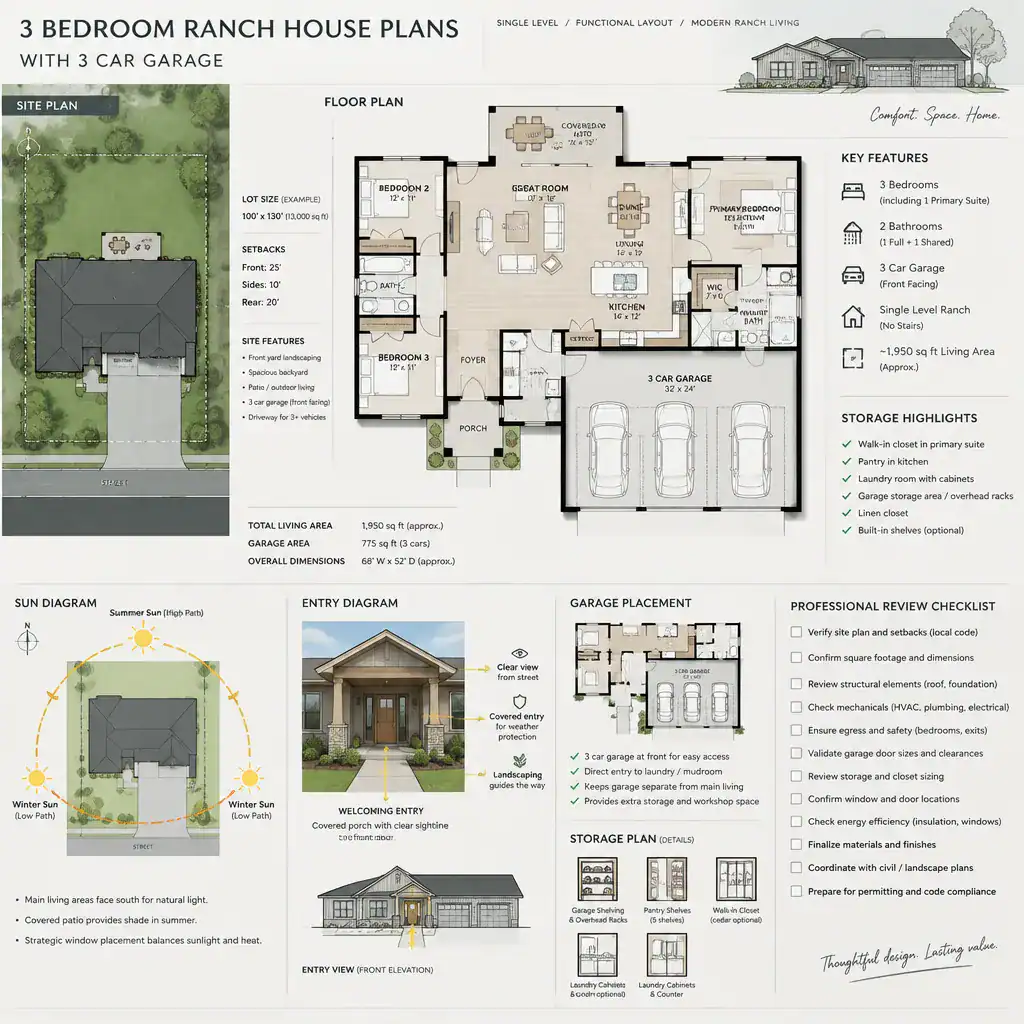 Ranch house plan customization checklist for a three-bedroom three-car-garage layout