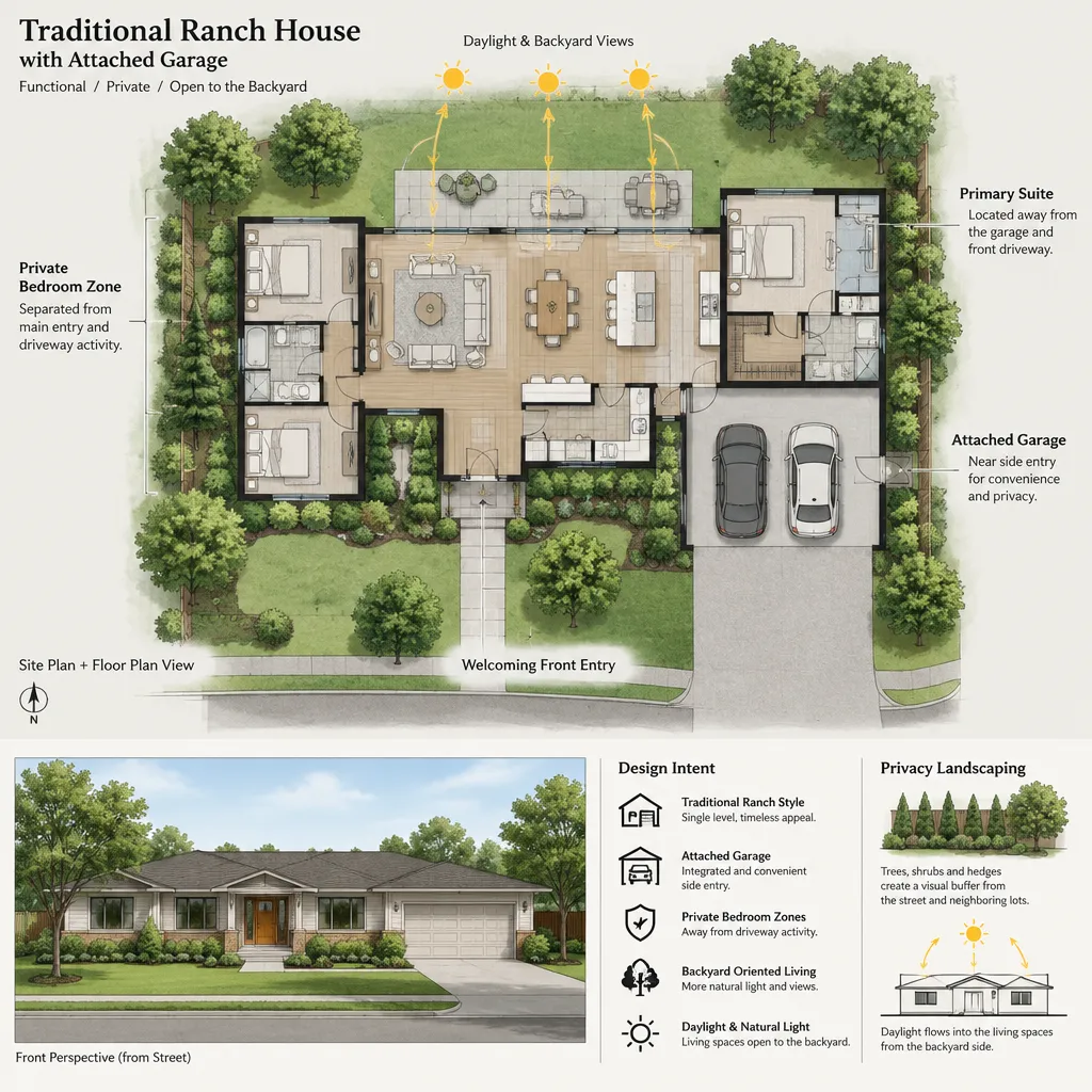 Ranch house privacy and daylight planning with attached garage