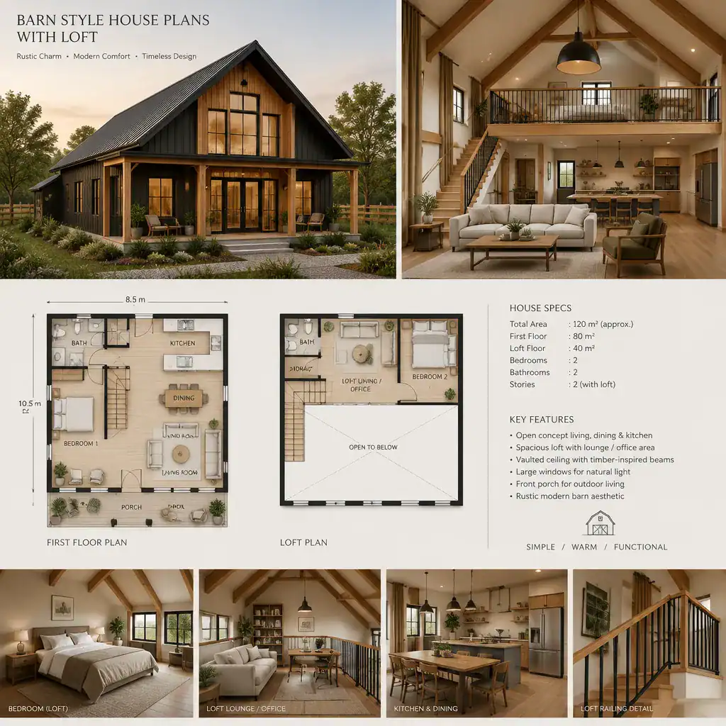 Refined barn-style interior with coordinated loft and timber details