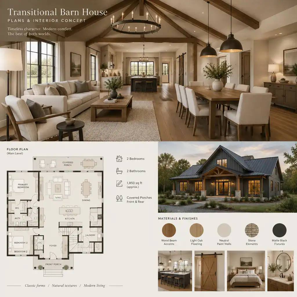 Refined transitional barn house interior with warm natural materials