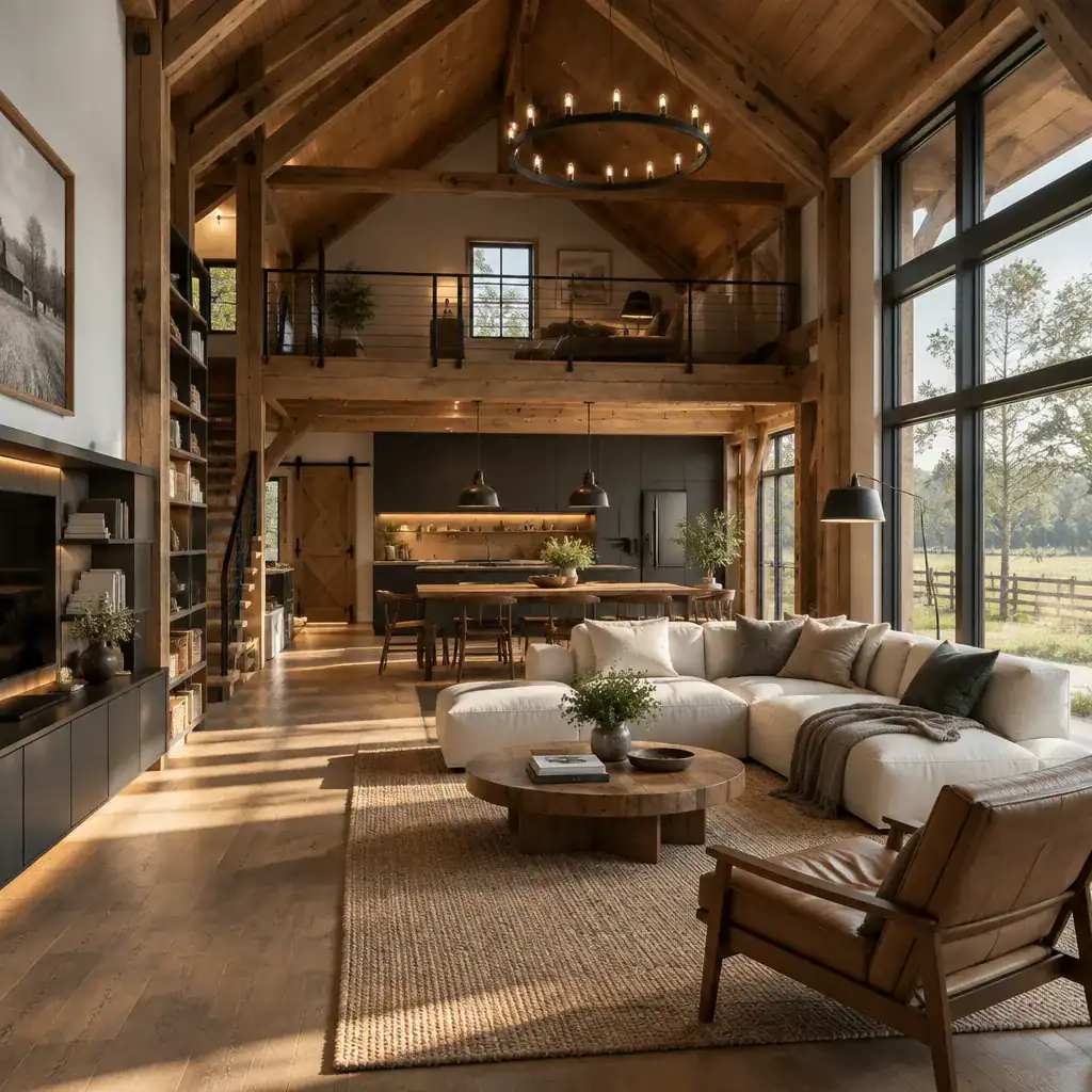 Refined barn house interior blending rustic timber with contemporary comfort