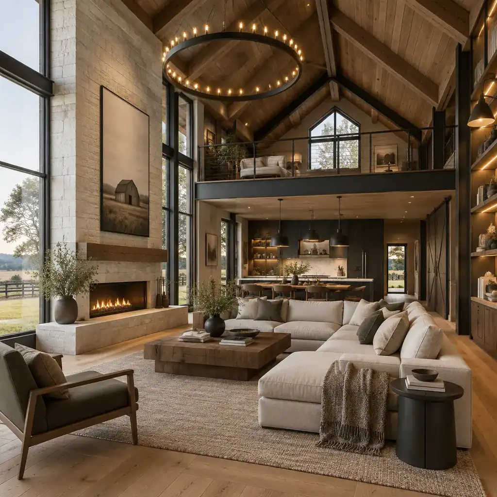 Refined material palette with natural wood, dark metal, pale stone, and warm lighting