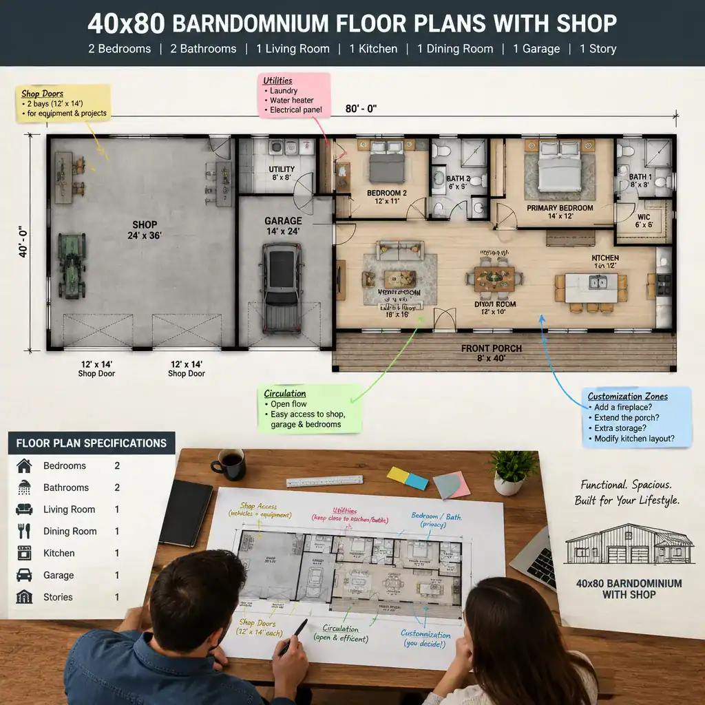Reviewing A 40x80 Barndominium Floor Plan With Shop
