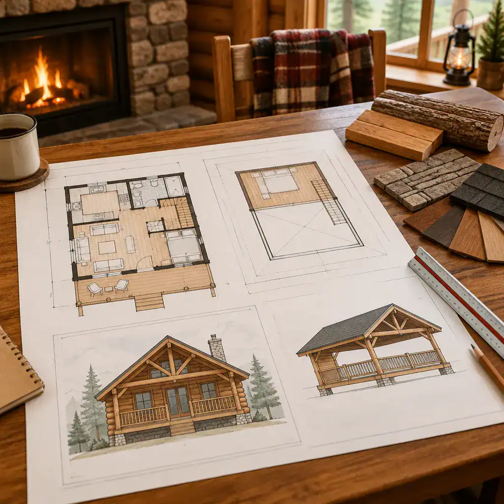Reviewing a log cabin floor plan with loft and deck