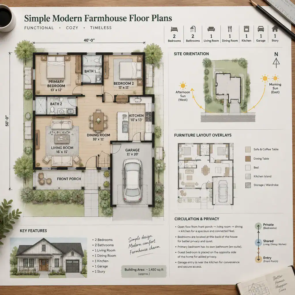 Reviewing a modern farmhouse floor plan for circulation and site fit