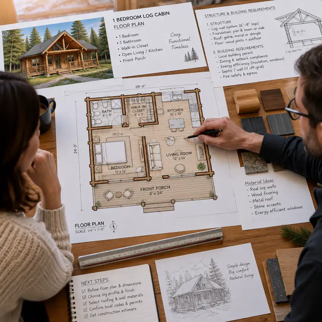 Reviewing a one-bedroom log cabin floor plan with a design professional
