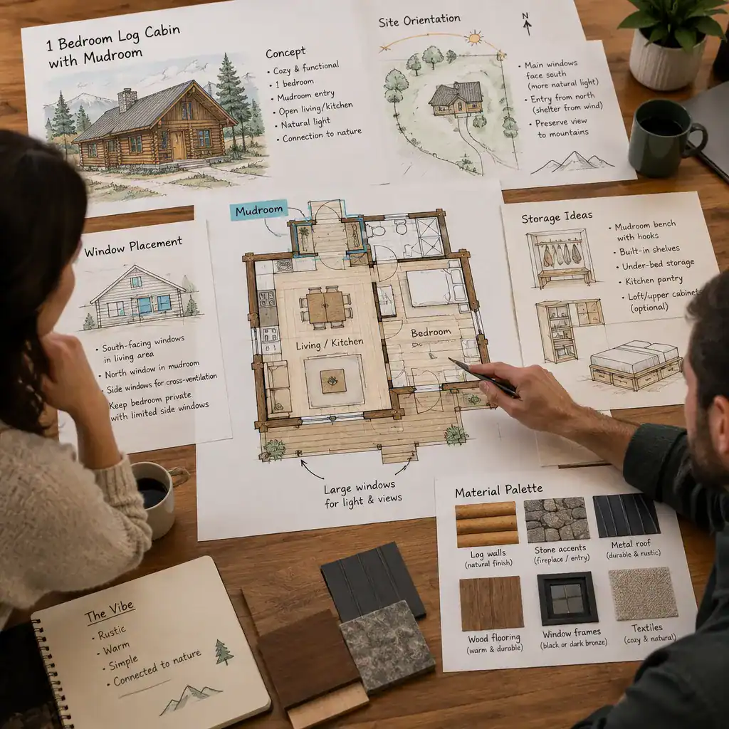 Reviewing a one-bedroom log cabin plan with a mudroom