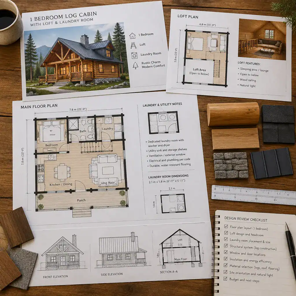 Reviewing a one-bedroom log cabin plan with loft and laundry