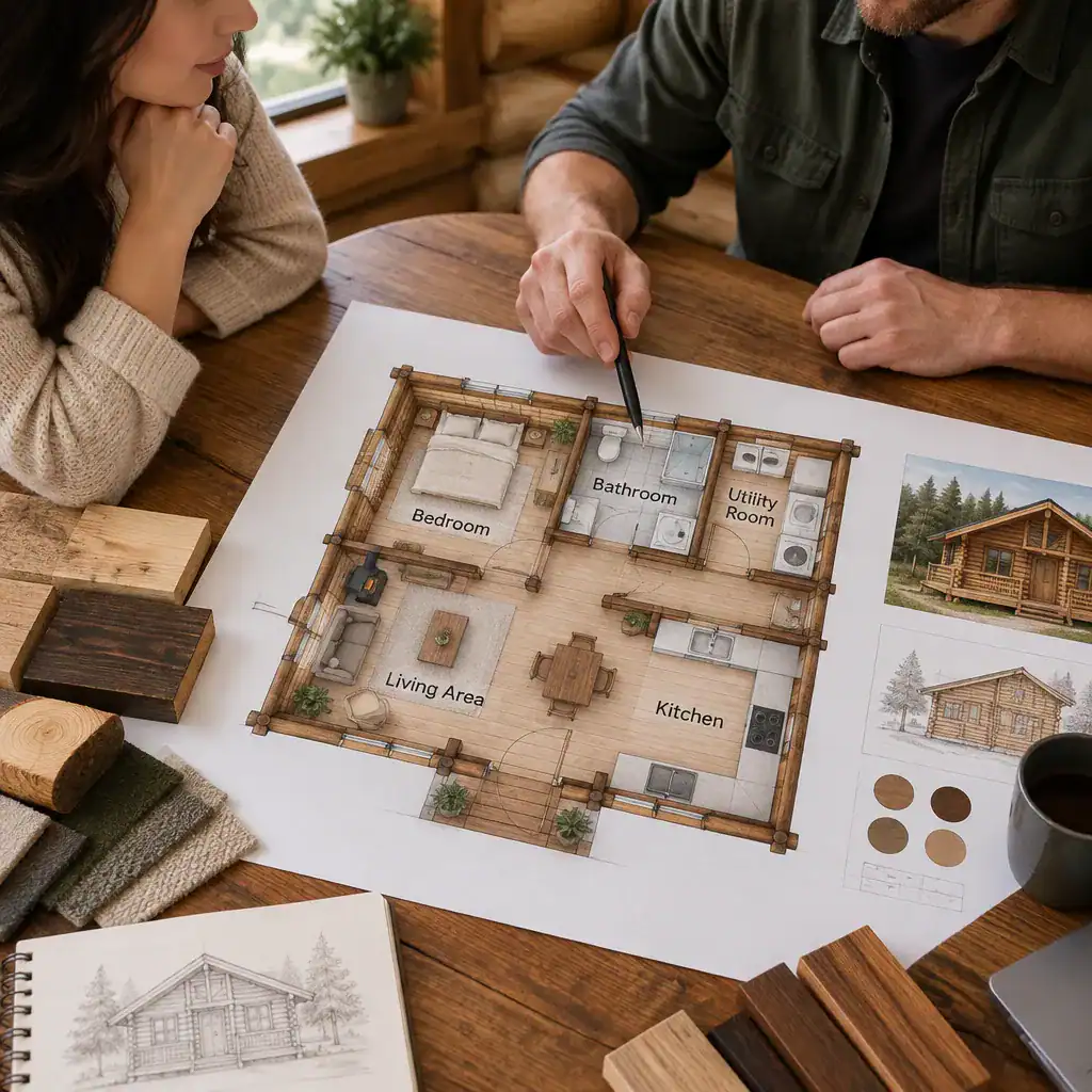 Reviewing a one-bedroom log cabin plan with utility room