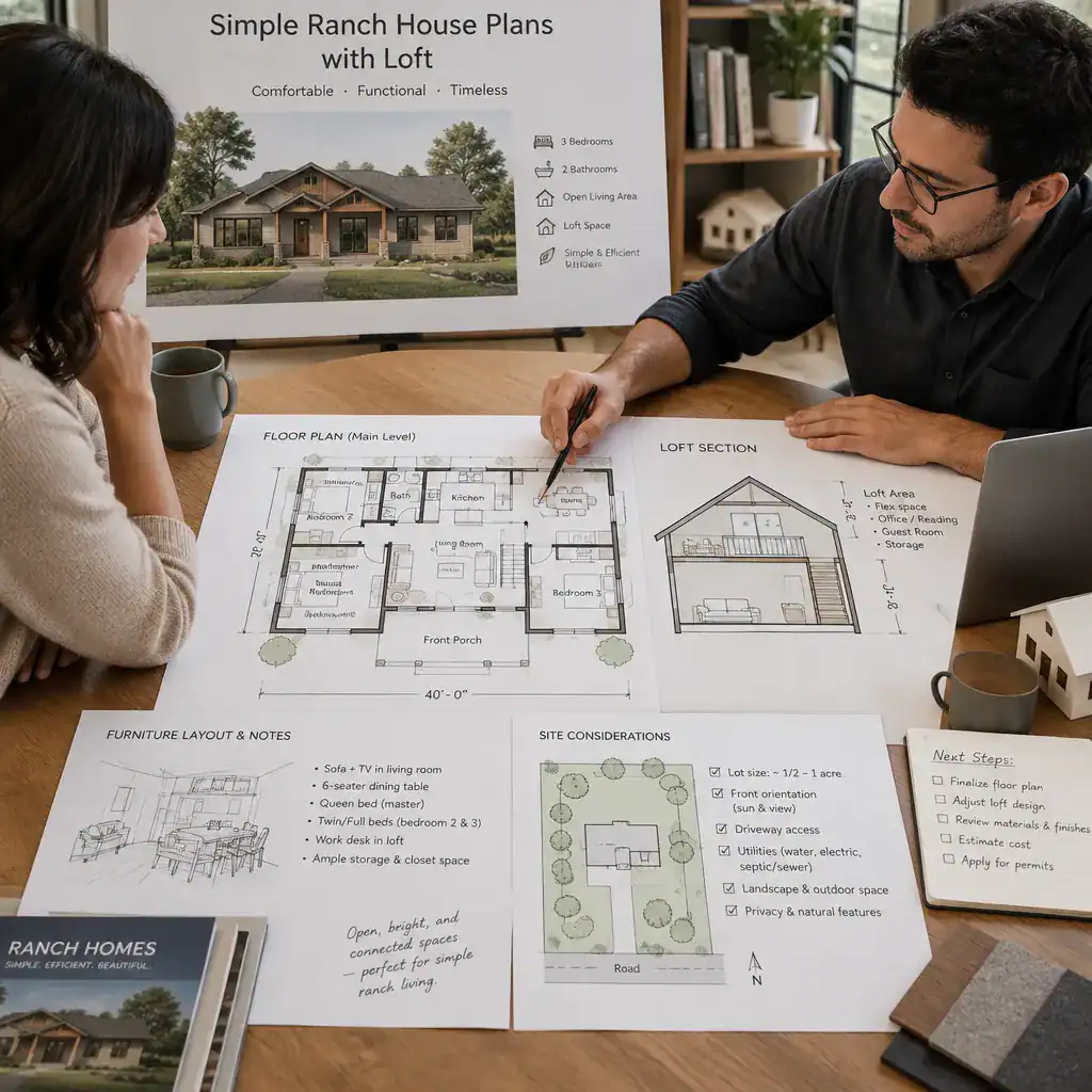 Reviewing a ranch house plan with loft