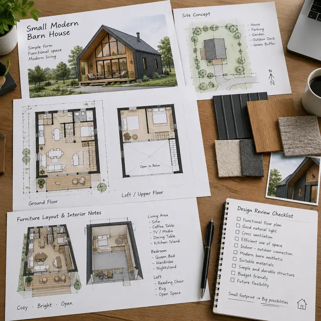 Reviewing a small modern barn house plan with site and material notes