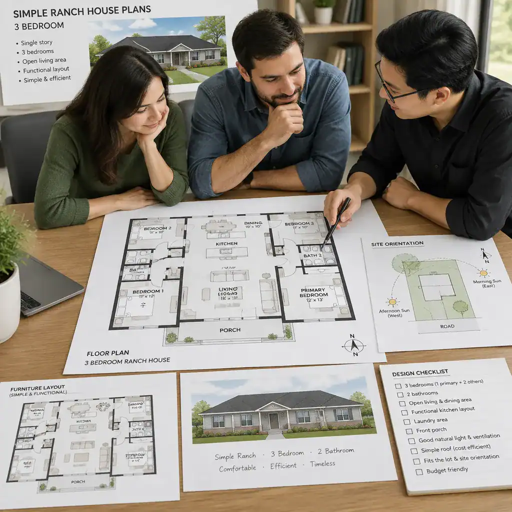 Reviewing a three-bedroom ranch house plan