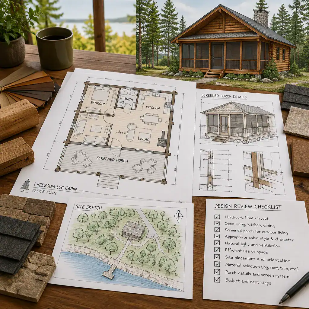 Reviewing one-bedroom log cabin plans with screened porch details