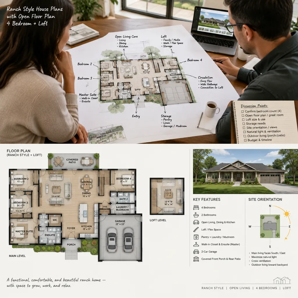 Reviewing a four-bedroom ranch house plan with loft and open floor plan