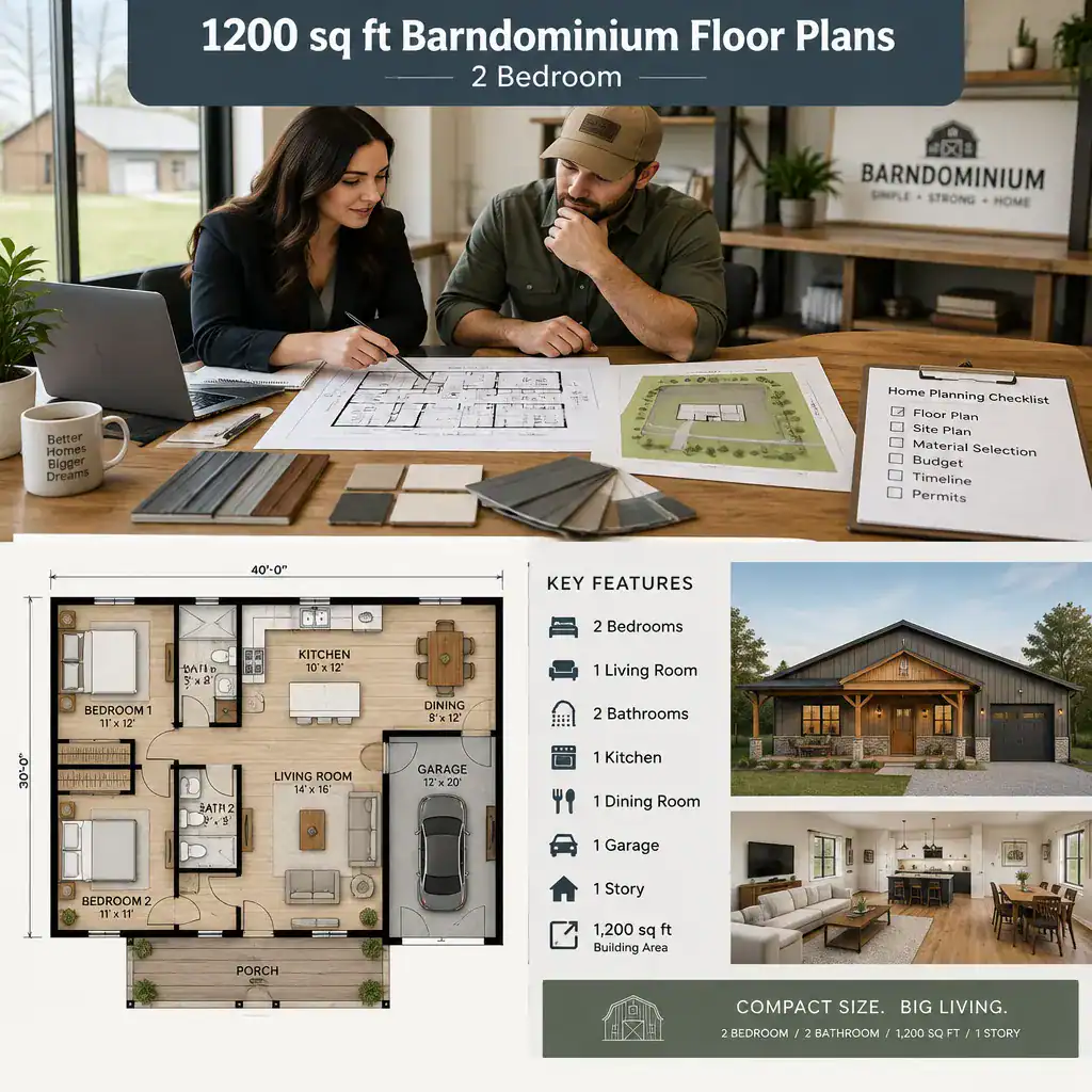 Reviewing a two bedroom barndominium floor plan before construction