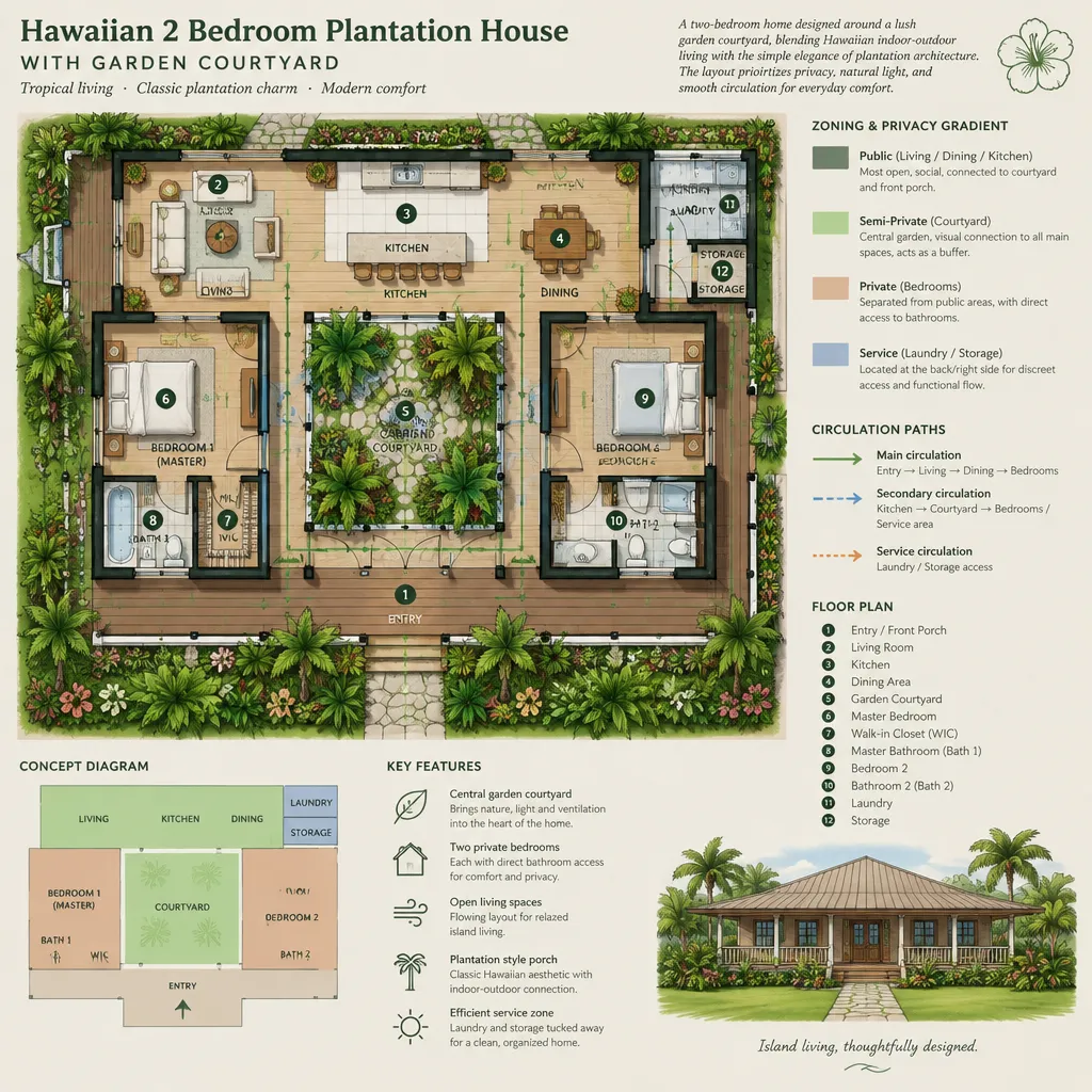 Room zoning diagram for a two-bedroom plantation house with courtyard